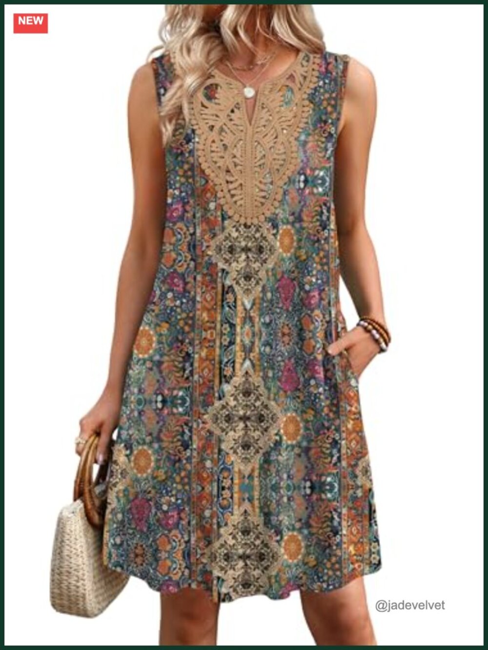 Casual V-Neck Sleeveless Boho Mini Dress with Pockets Floral Summer Travel - Picture 2 of 6
